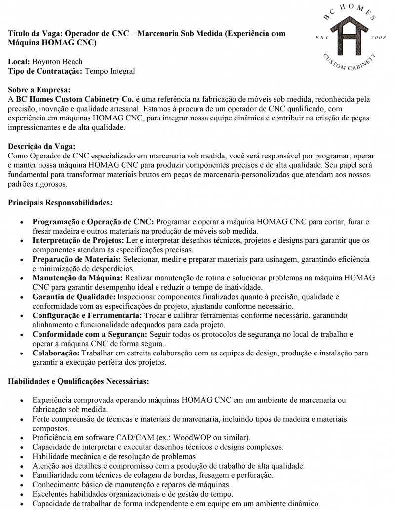 Operador de CNC - Moveis sob medida de alto padrão