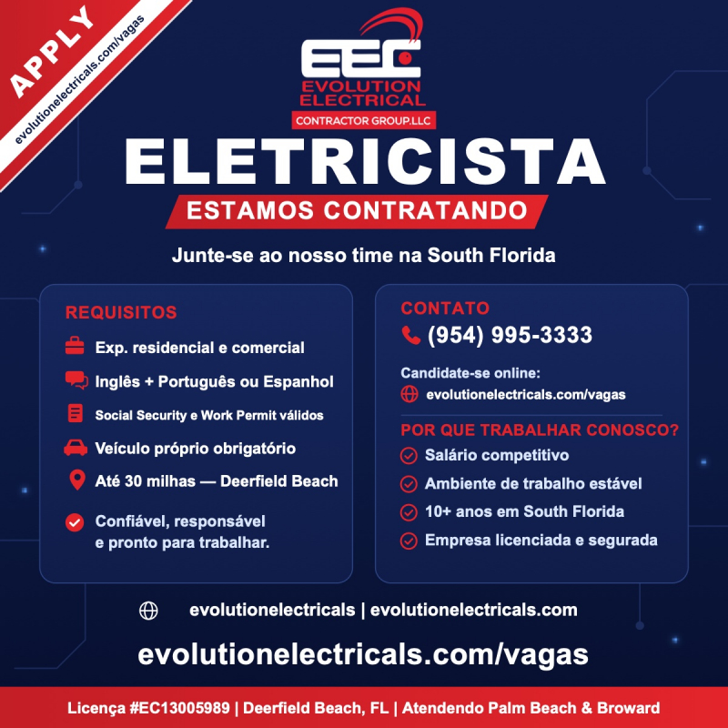 Eletricista — Vaga em Deerfield Beach (Broward e Palm Beach)